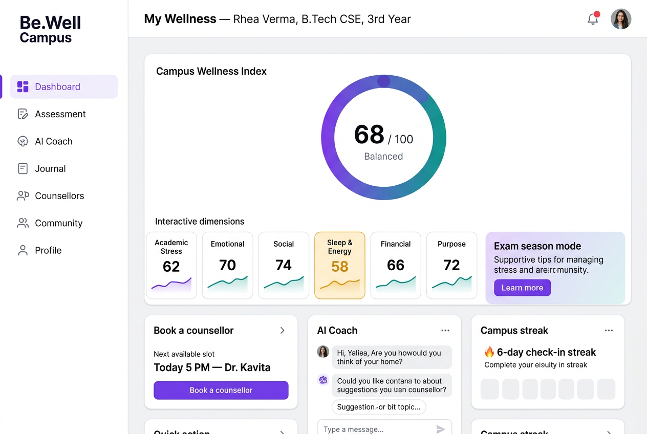 Student wellness dashboard with Campus Wellness Index ring and dimension scores