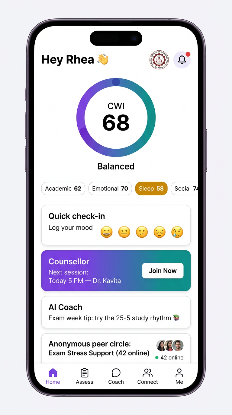Student mobile app with CWI ring, mood check-in, counsellor booking and peer circles